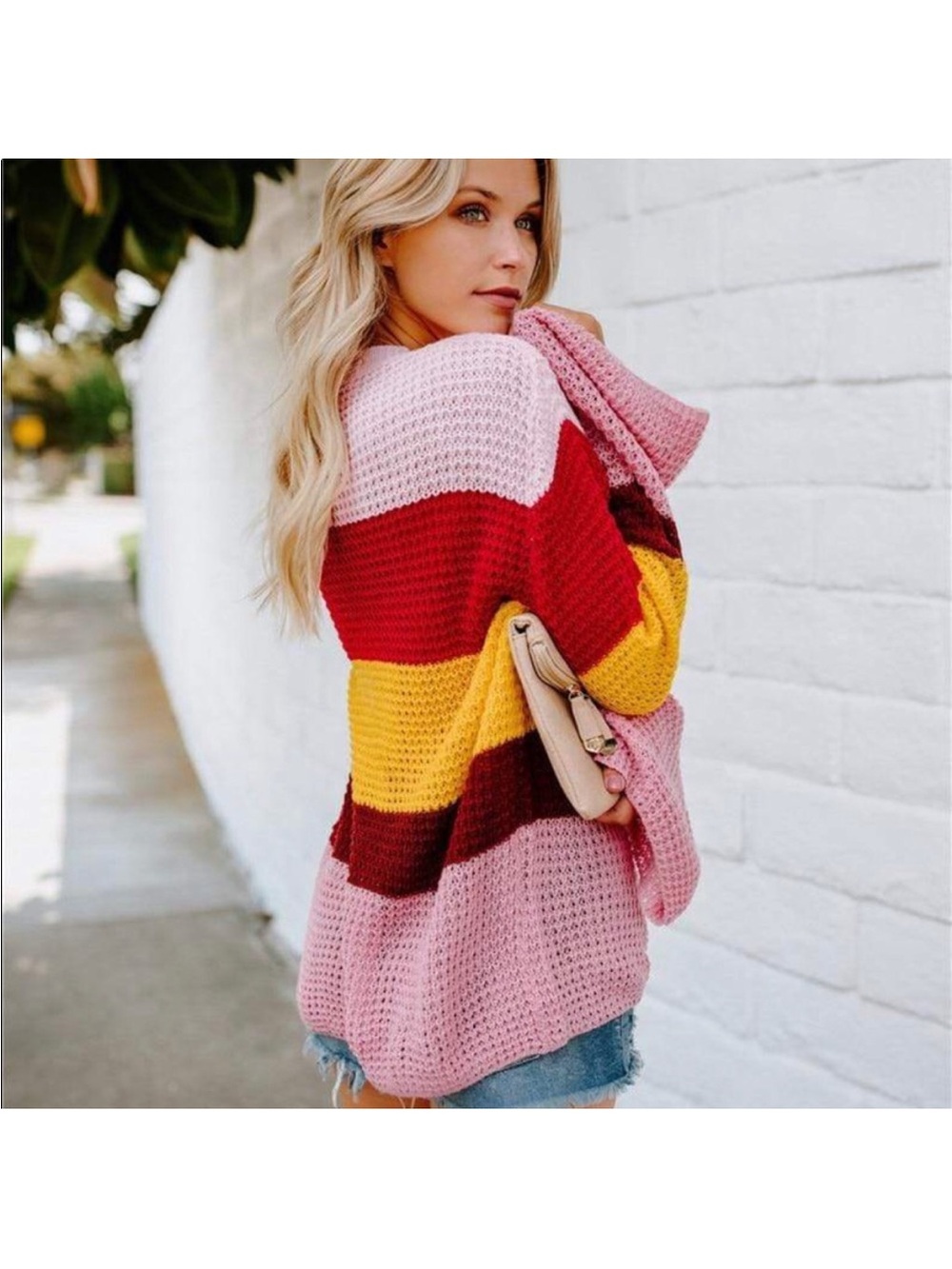 Vici Striped Knit Cardigan in Pink, Red & Yellow